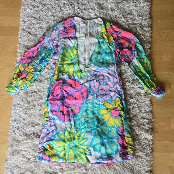 BH WRAGGE Vibrant Floral Long Sleeve Dress  Deep V Neck Size Medium Retro - Picture 2 of 15